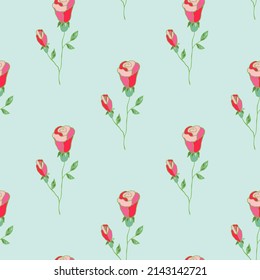Pink roses hand drawn on a light green background. Seamless vector floral pattern. Pink branches with rose buds on a green background.