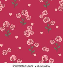 Pink roses and hearts geometric seamless pattern in the Valentines theme