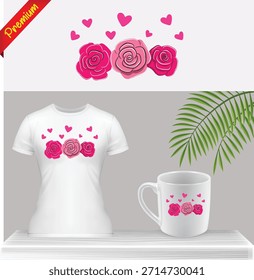 Pink Roses and Hearts Vector Graphic Print for T-Shirt and Coffee Mug. Romantic Floral and Love Symbol Merchandise on Isolated White Background. Sweet Valentine's Day Apparel Design.
