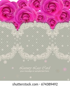 Pink roses lace card Vector. delicate summer card. Springtime fresh natural composition