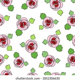 pink roses and leaf cartoon outlined vector illustrations on white background, seamless pattern.