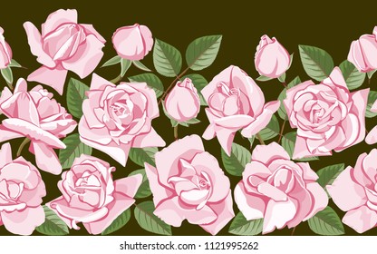 Pink roses with leaves. Horizontal seamless pattern on a dark isolated background.