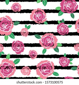 Pink roses and leaves on black striped background seamless pattern