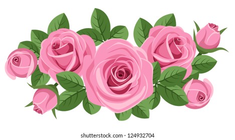 Pink roses with leaves on white. Vector illustration.