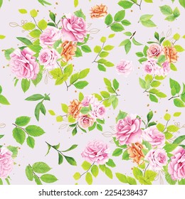 pink roses and leaves seamless pattern 