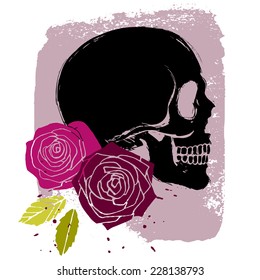 Pink roses with leaves and side-face black skull, vector illustration in grunge style on  background