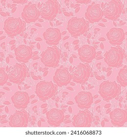 Pink Roses Line Drawing Seamless Pattern Repeat