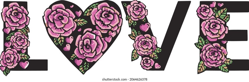 Pink roses LOVE lettering pattern. Black background and illustration