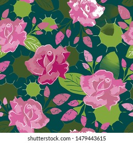Pink Roses In Modern Seamless Pattern On Green Background