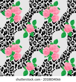 Pink roses on a black and white background with a leopard print. Floral seamless pattern. Vector illustration