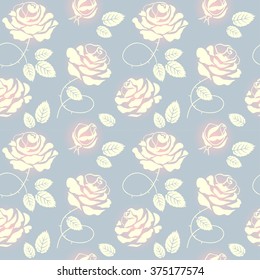 Pink roses on blue background seamless pattern. Vector illustration