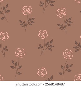 Pink roses on a brown background seamless pattern. Vector illustration.