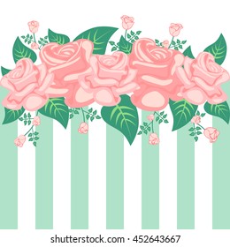 Pink roses on mint and white vertical stripes pattern