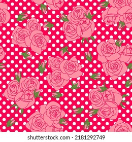 Pink roses on a polka dot background. Seamless background for fabrics, textiles, packaging and wallpaper. Vector illustration