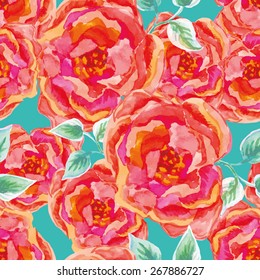 Pink Roses On The Turquoise Background. Watercolor Seamless Pattern With Big Red Flowers.