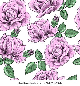 Pink roses on a white background vector seamless pattern 