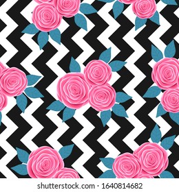 pink roses on zigzag lines background. Seamless pattern. Flowers texture for fabric, wrapping, wallpaper. Decorative print.