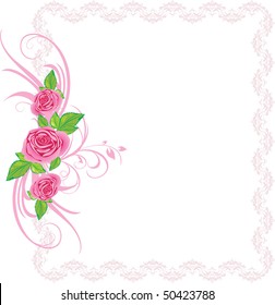 Pink roses with ornament in the decorative frame. Vector