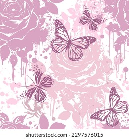 Pink roses with paint blots seamless pattern with butterflies. Vector illustration