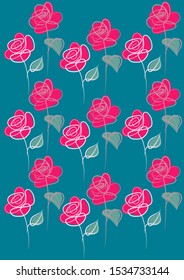 Pink roses pattern. Drawn in one line Roses. Flowers in line art style. Tattoo Rose. Beautiful delicate roses.