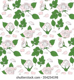 Pink roses pattern with green leave and white background