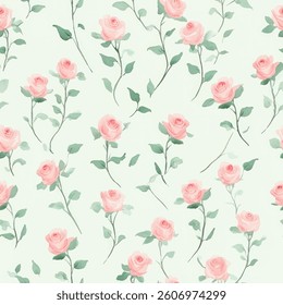 Pink roses pattern on a mint green background, tiny flower seamless pattern vector illustration, doodle summer, kids and baby designs for print fabric.