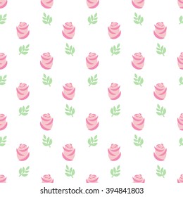Pink roses pattern. Seamless wallpaper pink roses with leaves on white background. Design for fabric and decor. Floral decorative illustration.  