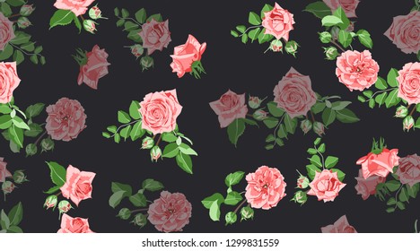 Pink Roses Pattern, Watercolor Floral Seamless Illustration. Vintage Flowers, Rustic Wedding, Green Leaves. Roses Drawn in Watercolor Style. Spring Texture for Fashion Print. Wallpaper Watercolor.