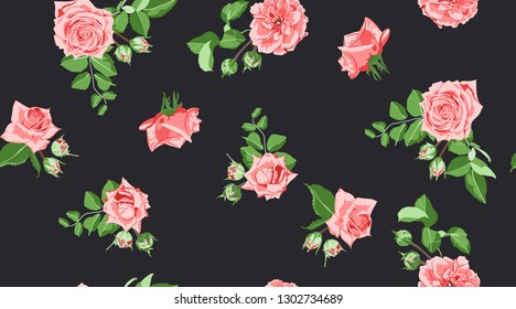 Pink Roses Pattern, Watercolor Floral Seamless Illustration. Vintage Flowers, Rustic Wedding, Green Leaves. Roses Drawn in Watercolor Style. Spring Texture for Fashion Print. Wallpaper Watercolor.