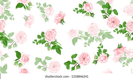 Pink Roses Pattern, Watercolor Floral Seamless Illustration. Vintage Flowers, Rustic Wedding, Green Leaves. Roses Drawn in Watercolor Style. Spring Texture for Fashion Print. Wallpaper Watercolor.