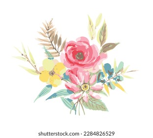 Pink roses and peonies with leaves. Vector illustration. Romantic garden flowers.