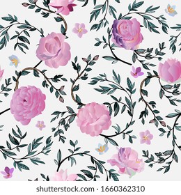 Pink roses, peonies, lotuses and lilies surrounded by green branches on a white background seamless pattern. Vector illustration with flowers and leaves.