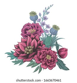 rosas rosas y peonías. Impresión vectorial.Ramo de flores.