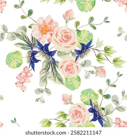 Pink roses, peony, clematis flowers, currant berries, green leaves, white background. Vector floral illustration. Seamless pattern. Summer bouquets. Botanical design