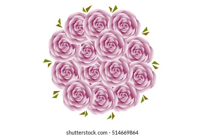 Pink roses, realistic vector (open flowers) delicate rose buds, view top. Stock vector. Isolated rose flowers on white background. Bouquet of roses.