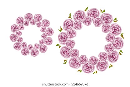 Pink roses, realistic vector (open flowers) delicate rose buds, view top. Stock vector. Isolated rose flowers on white background. Bouquet of roses.