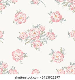 Pink Roses. Rose Flower Bouquets Seamless Vector Pattern. Flowers and Leaves. Vintage Floral Background. Shabby chic Wallpaper. Millefleurs Liberty Style Design.