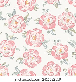 Pink Roses. Rose Flower Seamless Vector Pattern. Flowers and Leaves. Vintage Floral Background. Shabby chic Wallpaper. Millefleurs Liberty Style Design.