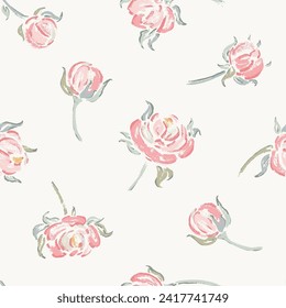 Pink Roses. Rose Flower Seamless Pattern. Flowers and Leaves. Vector Vintage Floral Background. Shabby chic Wallpaper. Millefleurs Liberty Style Design.