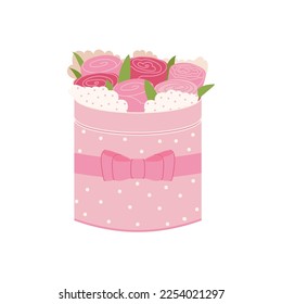 pink roses in a round box and cute small bow isolated on white background. Gift flower box vector flat romance illustration. Happy Valentines day