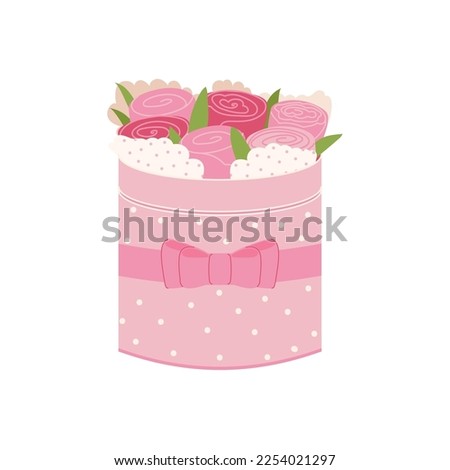 pink roses in a round box and cute small bow isolated on white background. Gift flower box vector flat romance illustration. Happy Valentines day