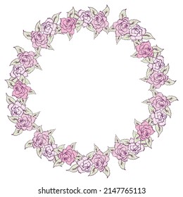 Rosa Rosen, runder Rahmen, handgezeichnet, Vektorgrafik einzeln.