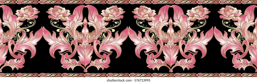 Pink roses seamless border. Damask pattern. Floral black background with vintage medieval 3d baroque ornaments, antique scroll  leaves and roses flowers.Luxury  texture for wallpapers, textile, fabric