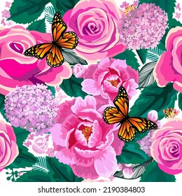 Pink roses seamless pattern with butterflies. Vector illustration