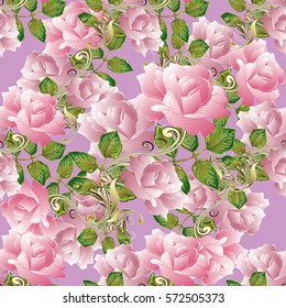Pink roses seamless pattern. Floral light background. 3d roses flowers. Vector vintage texture for wallpapers, textile, fabric
