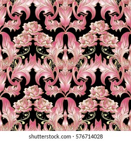 Pink roses seamless pattern. Floral baroque black background with vintage medieval 3d damask ornaments, antique scroll  leaves and roses flowers. Luxury vector  texture for wallpapers, textile, fabric