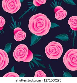 Las rosas rosas rosas son un patrón sin fisuras. Flores con hojas sobre fondo oscuro. Ilustración plana simple original. Diseño floral.