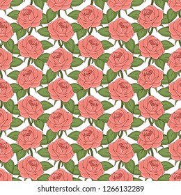 Pink roses seamless pattern, hand drawing, vector illustration. Drawn flower buds with soft pink petals and green leaves on white background. For fabric design, cloth, wallpaper, decorating