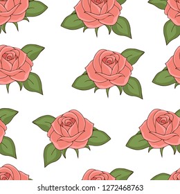 Pink roses seamless pattern, hand drawing, vector illustration. Drawn flower buds with soft pink petals and green leaves on white background. For fabric design, cloth, wallpaper, decorating