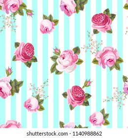 Pink roses seamless pattern on a striped blue and white background